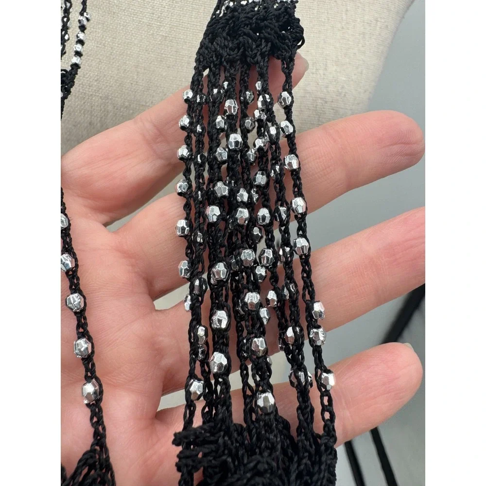 VTG Y2K Black Crochet Silver Beaded Skinny Scarf Neck Tie Fringe Indie Sleaze